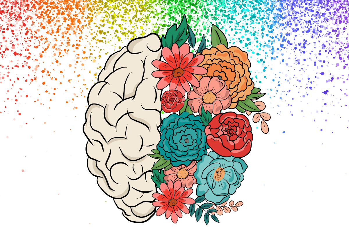 A brain with flowers on the right side and rainbow of colors in the background